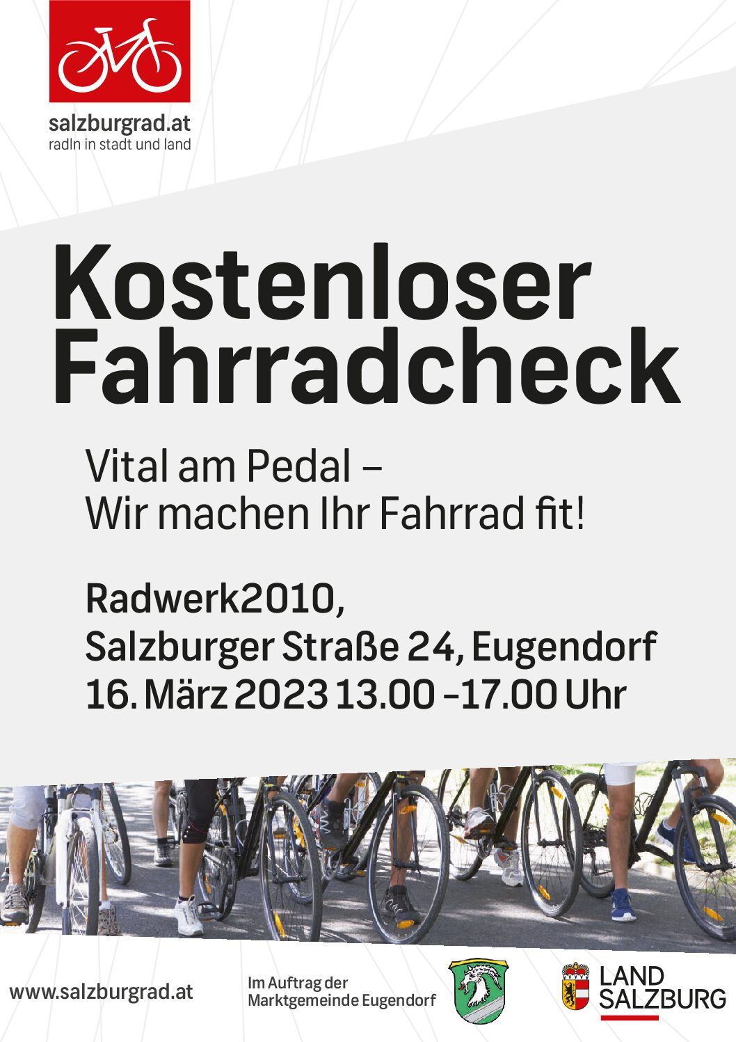 Kostenloser Fahrradcheck in Eugendorf am 16. März 2023 für Radfahrer.