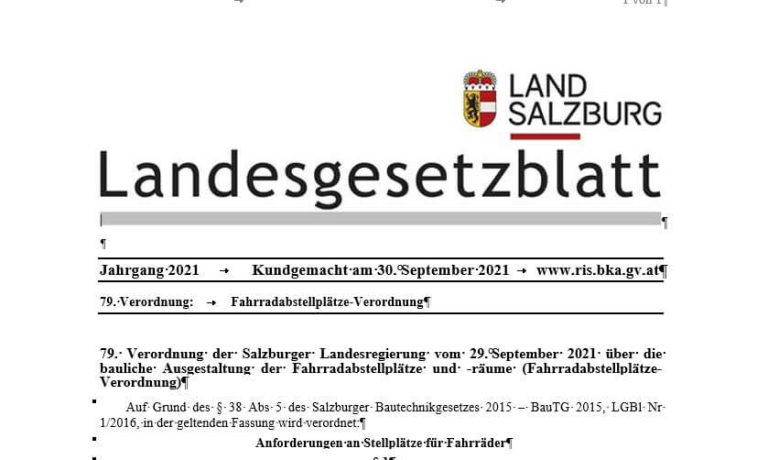 Landesgesetzblatt zur Fahrradabstellplätze-Verordnung in Salzburg.
