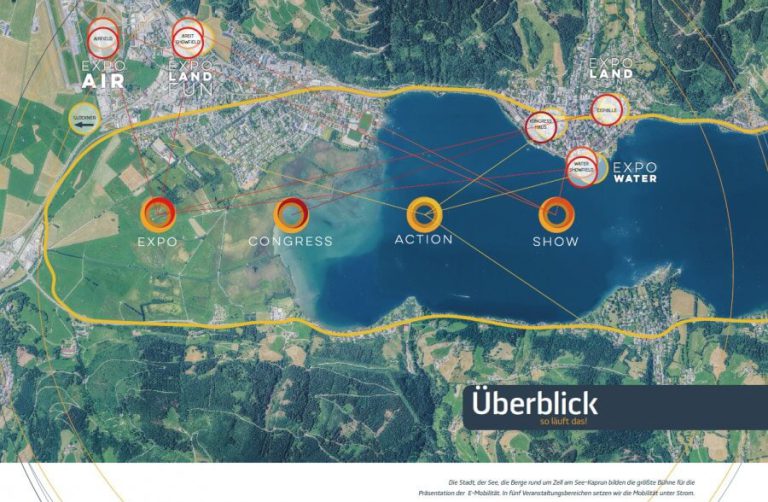 Karte der E-Mobilitätsmesse in Zell am See mit verschiedenen Veranstaltungsorten und Aktivitäten.