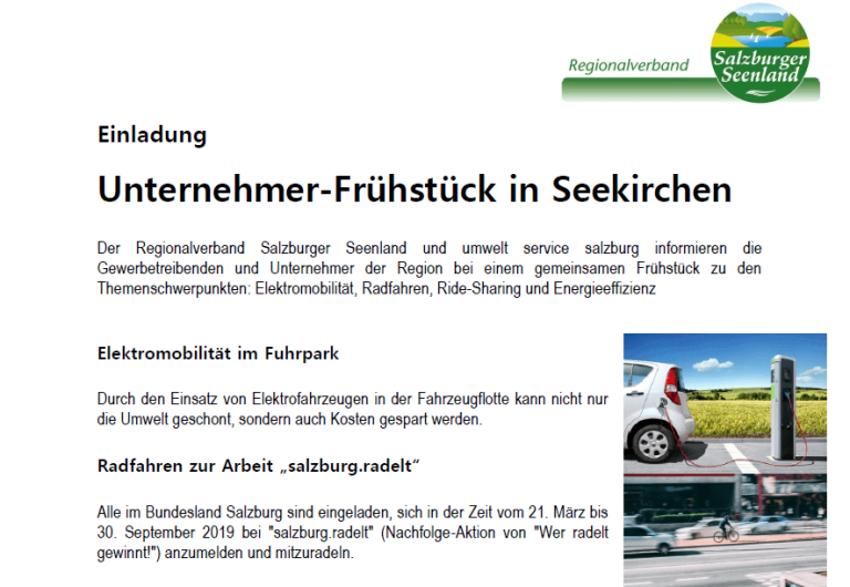 Einladung zum Unternehmer-Frühstück in Seekirchen, Themen: Elektromobilität und Radfahren.