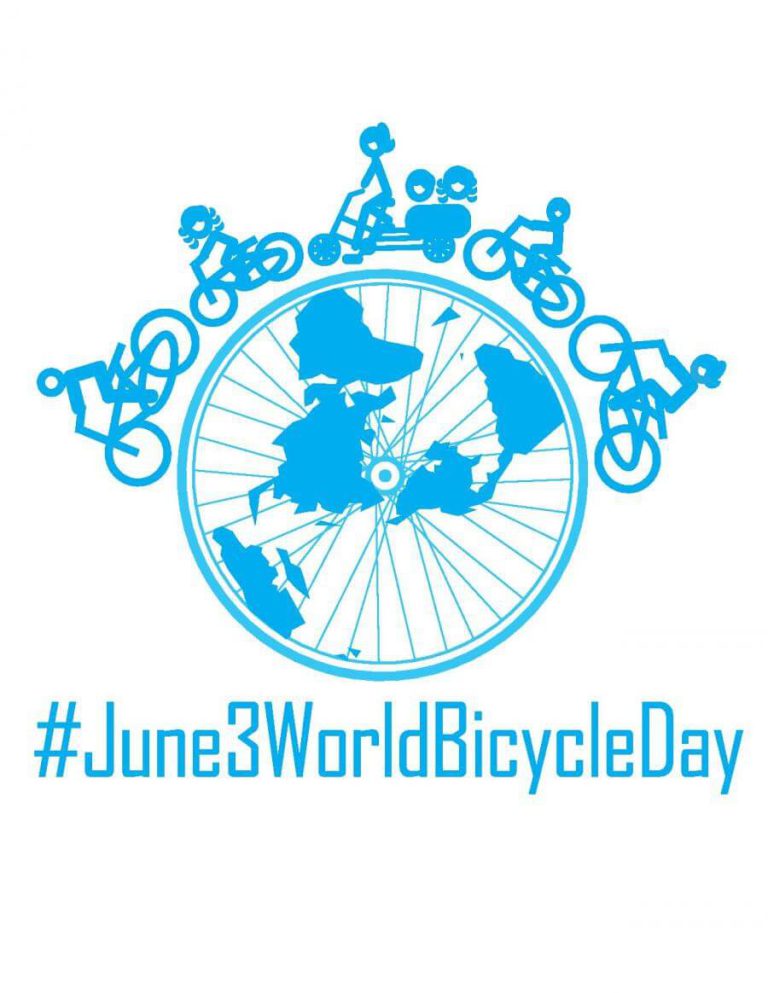 Grafik zum Weltfahrradtag mit Fahrrädern und Weltkarte in Blau. #June3WorldBicycleDay