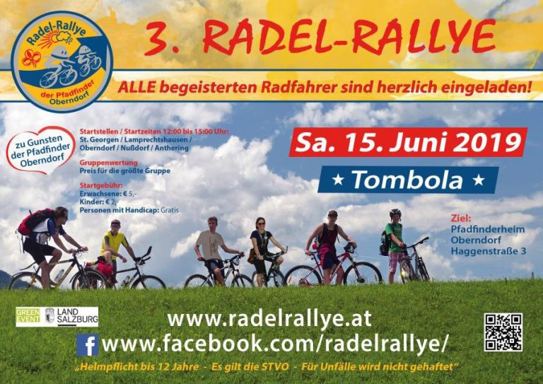 Plakat zur 3. Radel-Rallye in Oberndorf am 15. Juni 2019 mit Radfahrern und Infos.