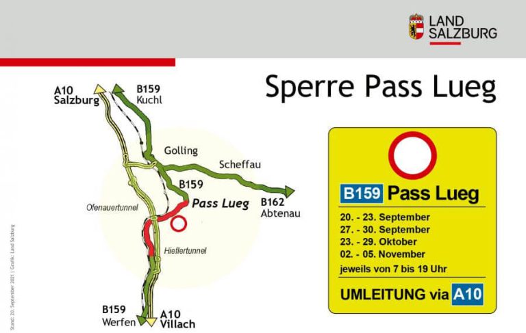 B159 Pass Lueg gesperrt: Umleitung via A10, Datum und Uhrzeit angegeben.