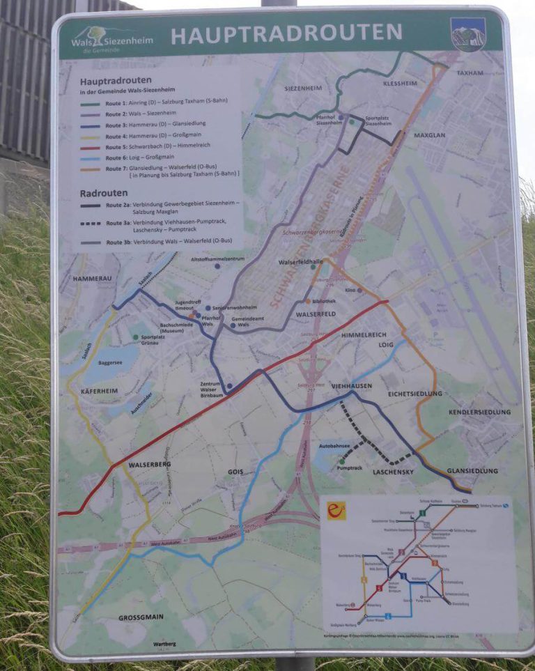 Übersichtskarte der Haupt- und Radrouten in Wals-Siezenheim für Radfahrer.