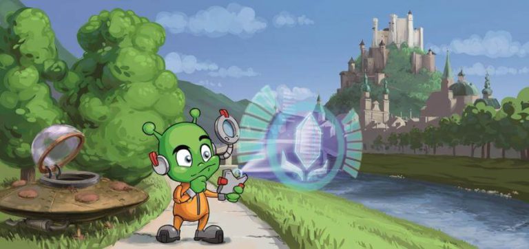 Futuristisches Wesen betrachtet holografische Kristallabbildung vor einer Burglandschaft.