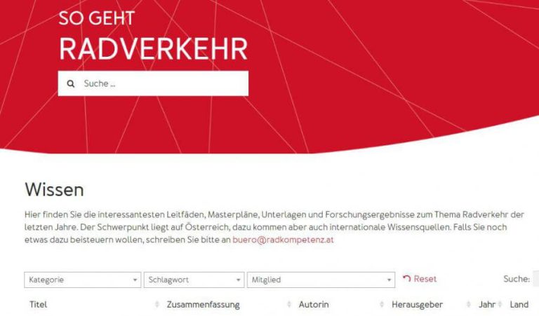Suchfunktion für Leitfäden und Forschungsunterlagen zu Radverkehr in Österreich und Europa.
