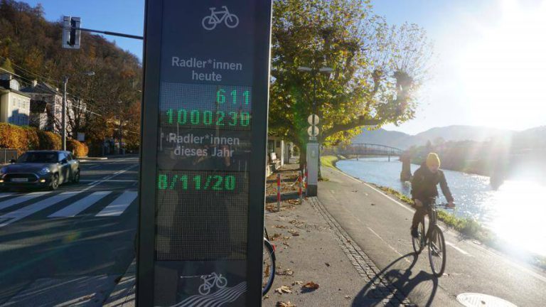 Anzeige am Giselakai: heutige Radler*innen und Gesamtzahl überschreiten eine Million.