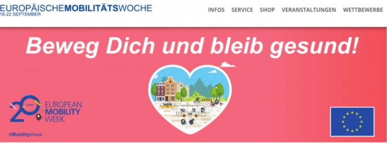 Motiv für die Europäische Mobilitätswoche: "Beweg dich und bleib gesund!" mit Icon.