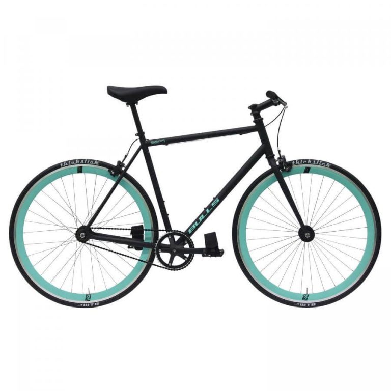 Schwarzes Fixie-Fahrrad mit türkisenen Reifen, geeignet für städtische Mobilität.