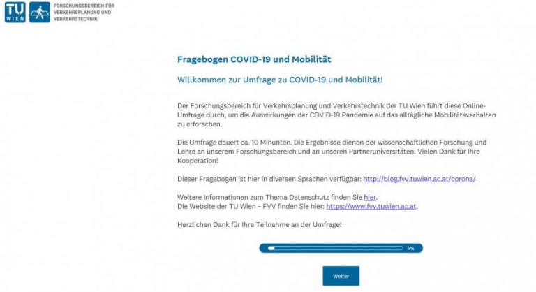 Fragebogen zur Untersuchung der COVID-19 Auswirkungen auf Mobilität in Salzburg.