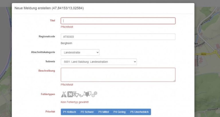 Formular zur Erstellung einer Fehlermeldung im GIP Communicator mit Kartenansicht.