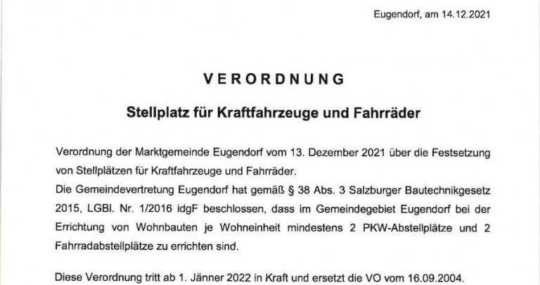 Verordnung über Stellplätze für Fahrräder in Eugendorf, Förderung der Radmobilität.