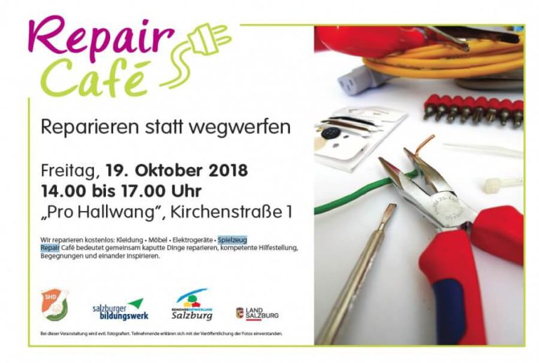 Repair-Café-Ankündigung mit Infos zu Reparaturterminen und Angeboten in Hallwang.
