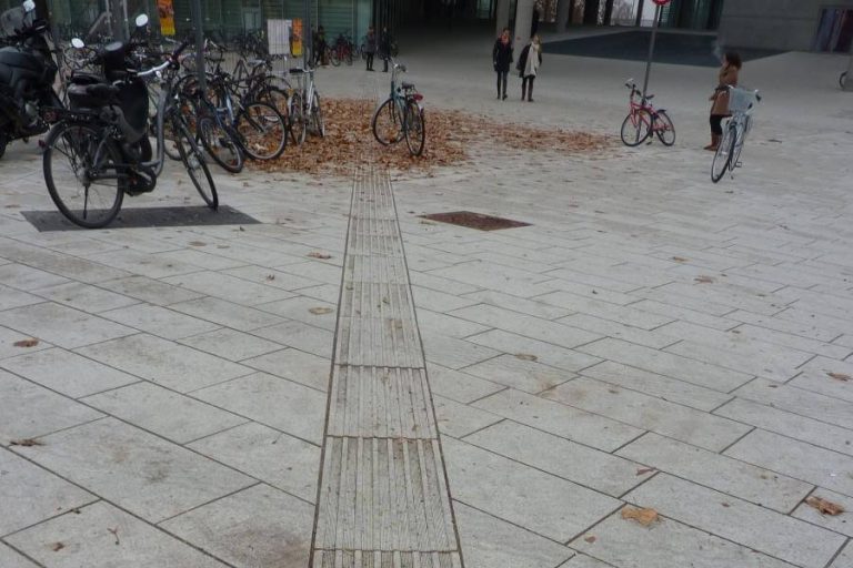 Fahrräder stehen auf taktilen Blindenleitsystemen, Laub auf dem Boden, städtische Umgebung.