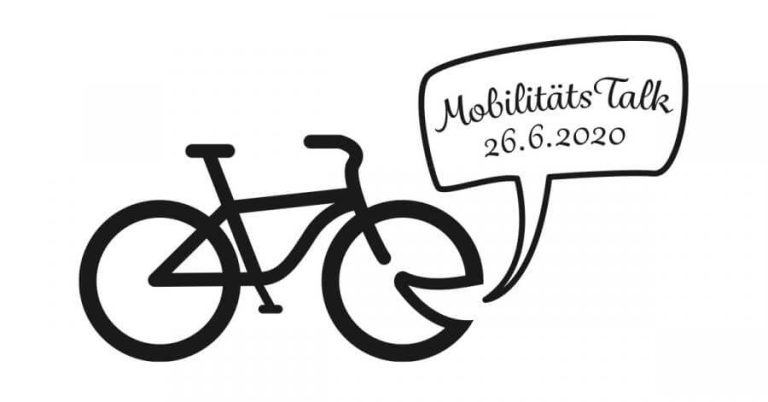 Grafik eines Fahrrads mit Sprechblase zum Mobilitäts Talk am 26.6.2020 in Salzburg.