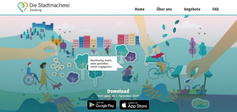 Bunte Illustration der Stadtmacherei Salzburg mit Menschen und Fahrrädern, nachhaltige Mobilität.