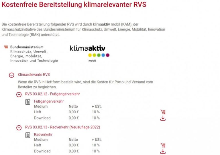 Kostenfreie RVS-Downloads für Fuß- und Radverkehr von klima:aktiv mobil verfügbar.