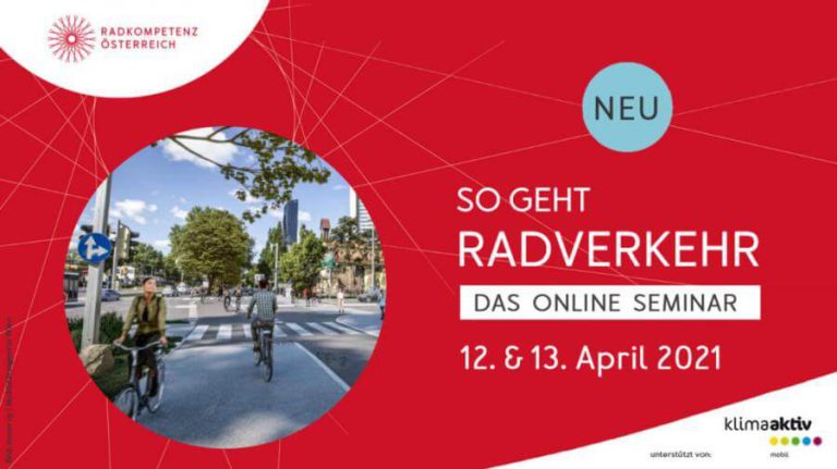 Radverkehrs-Seminarankündigung mit Fahrradfahrern auf einer urbanen Straße. 12.+13. April 2021.