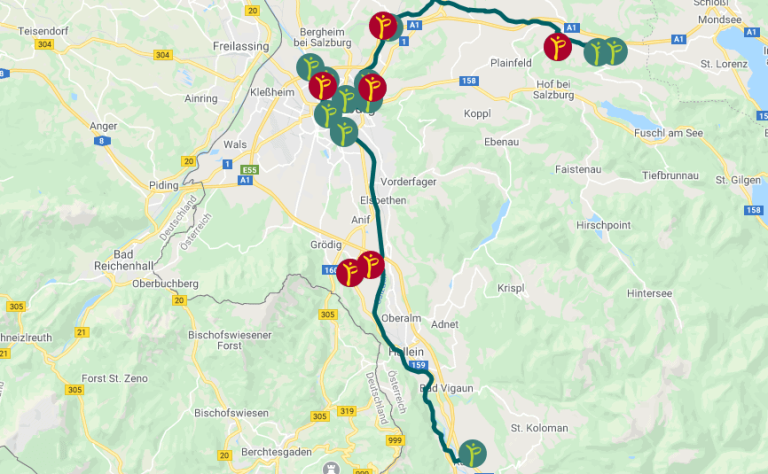 Karte von Salzburg mit Markierungen für klimafreundliche Gebäude beim passathon 2021.