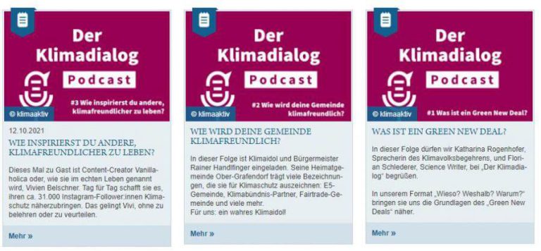 Podcast-Thumbnail „Klimadialog“ mit Folgen zu Klimafreundlichkeit und Mobilität.