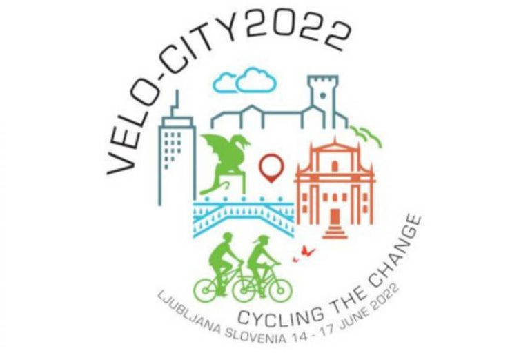Logo der Velo-city 2022 in Ljubljana mit Fahrrädern und städtischen Symbolen.