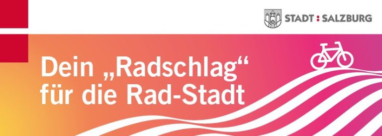 „Radschlag“ für eine nachhaltige Radstadt Salzburg mit Fahrrad-Symbol und buntem Hintergrund.