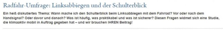 Umfrage zur Sicherheit beim Linksabbiegen und Schulterblick für Radfahrer.