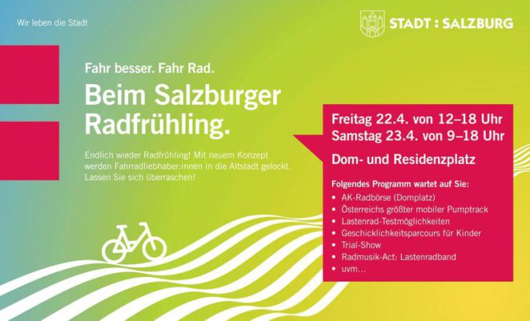 Salzburger Radfrühling: Programm mit Radbörse, Pumptrack und Geschicklichkeitsparcours.