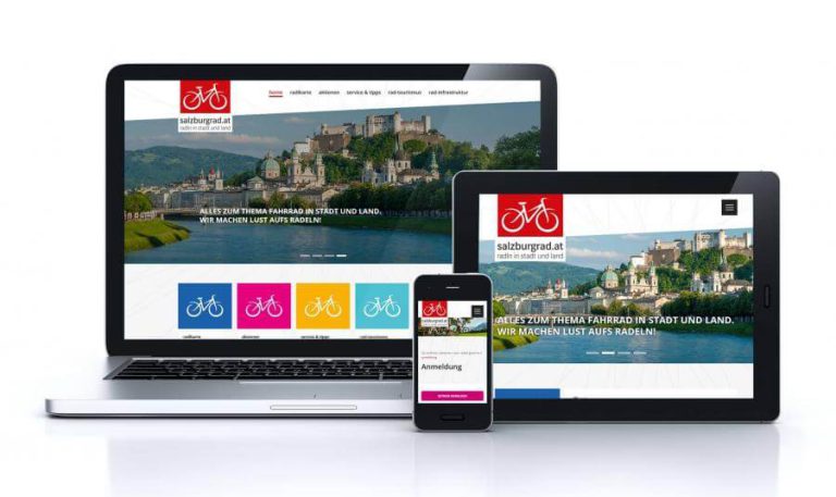 Webseite salzburgrad.at auf Laptop, Tablet und Smartphone zur Förderung nachhaltiger Mobilität.