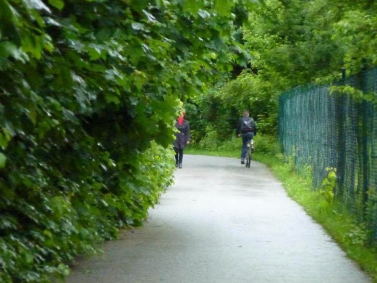 Fahrradfahrer und Fußgänger auf einem schmalen, grünen Radweg in Salzburg.