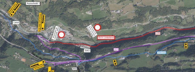 Bauarbeiten und Umleitungsbeschilderung der gesperrten L270 in Lend.