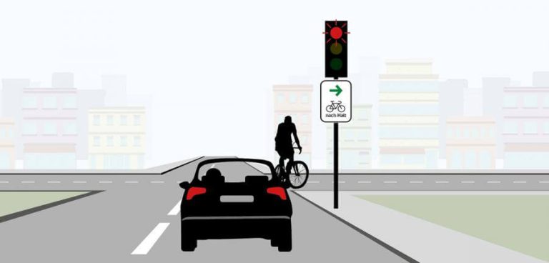 Auto und Radfahrer an Ampel, neue Verkehrsregeln für sicheres Überholen von Radfahrenden.