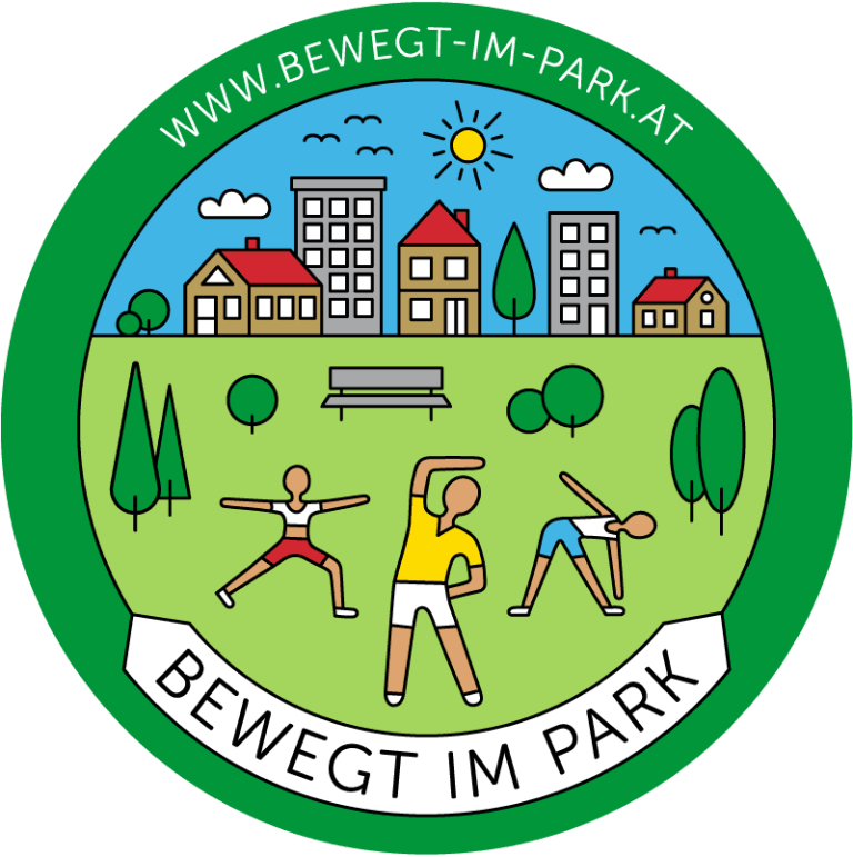 Logo von „Bewegt im Park“ mit Personen, die im Freien Sport treiben.