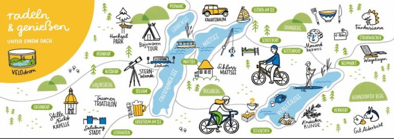 Karte des Salzburger Seenlands mit Radwegen und Sehenswürdigkeiten.