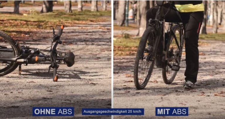 E-Bike-Vergleich: Bremsen mit und ohne ABS auf unbefestigtem Untergrund.