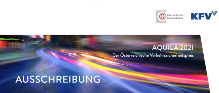 Farbenfroher Hintergrund mit Text zur Ausschreibung des Verkehrssicherheitspreises AQUILA 2021.