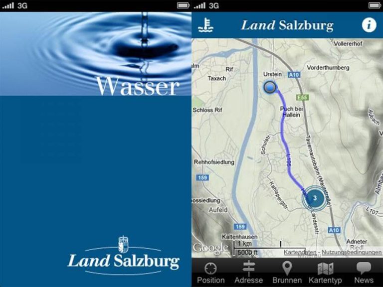 App-Interface von Salzburg mit Wasserinformationen und einer Karte für Radfahrer.