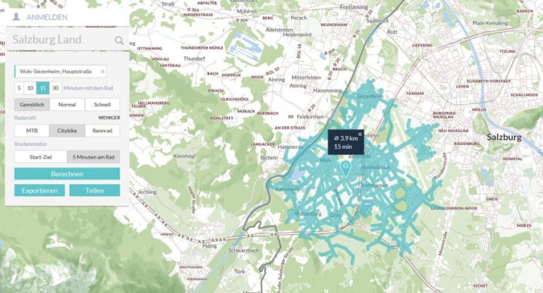 Interaktive Karte zur Radreichweite in Salzburg mit Auswahlmöglichkeiten für Route und Zeit.