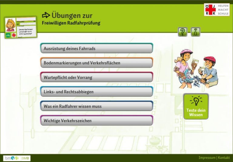 Übungen zur freiwilligen Radfahrprüfung mit wichtigen Themen zur Verkehrssicherheit.