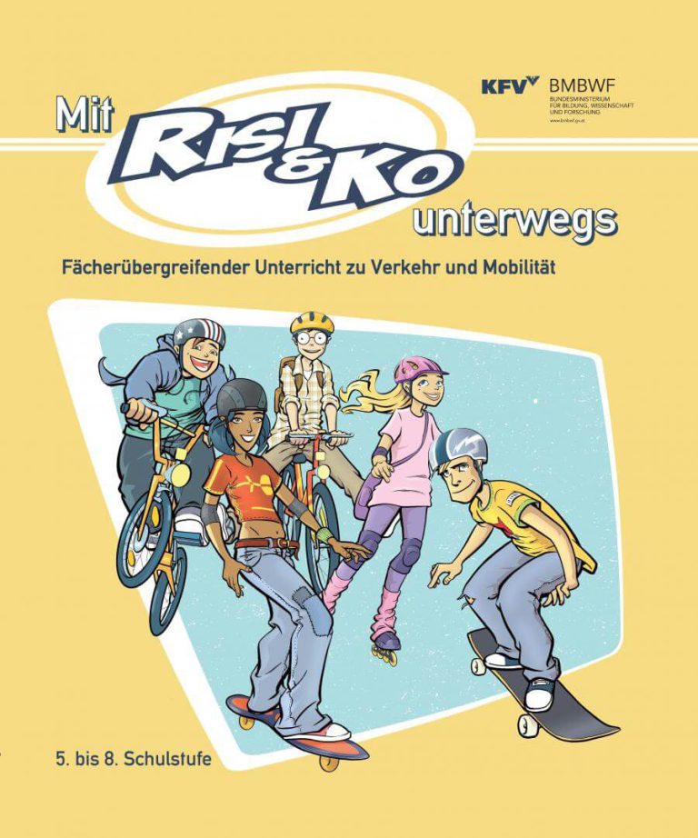 Illustration von Kindern, die verschiedene Fortbewegungsmittel nutzen, für Verkehrserziehung.