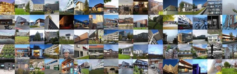 Vielfältige klimaschonende Gebäude in Österreich, erkundet mit dem Fahrrad.