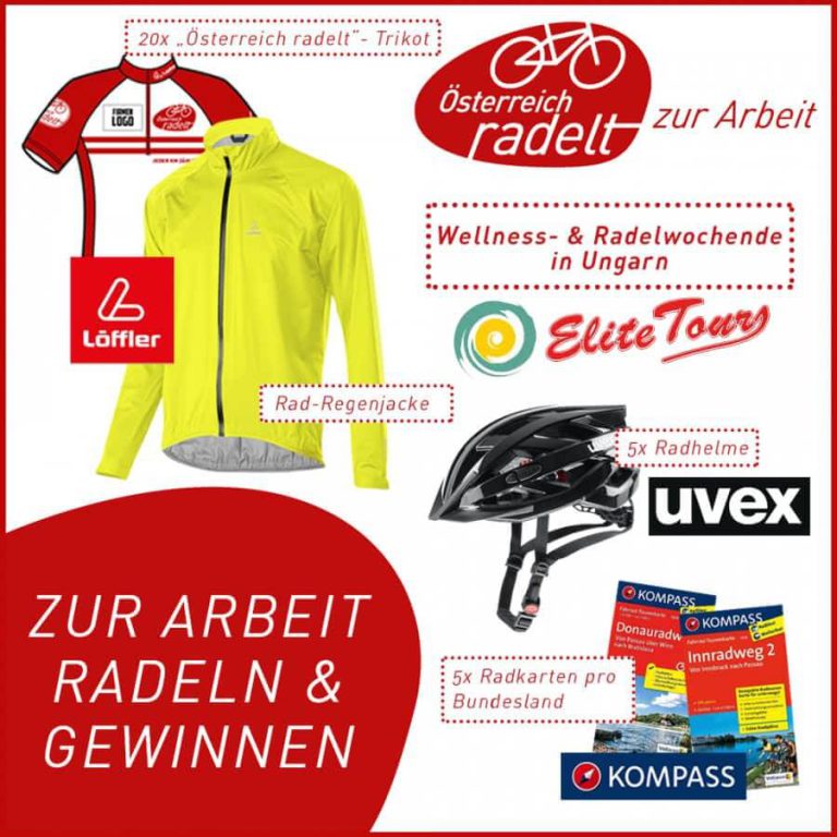 Gewinne beim Radeln zur Arbeit: Trikots, Regenjacken, Helme und Radkarten.