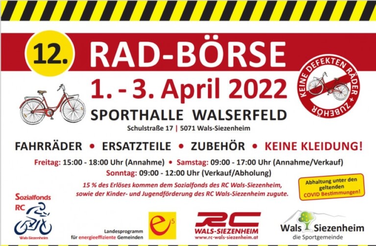 Radtauschbörse des RC Wals-Siezenheim: Termin: Freitag, 1. April, 12 Uhr bis Sonntag, 3. April 2022, 12 Uhr