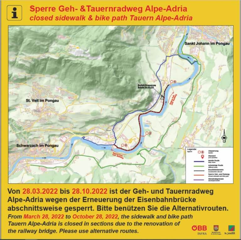 Sperre Geh- &Tauernradweg Alpe-Adria im Bereich St. Johann-Schwarzach/St.Veit