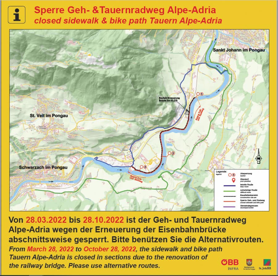 Sperre Geh- &Tauernradweg Alpe-Adria im Bereich St. Johann-Schwarzach/St.Veit