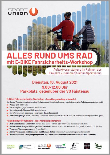 kostenfreier E-Bike-Workshop in Faistenau: Dienstag 10. August (9 – 11 Uhr) – Anmeldung bis 5.August