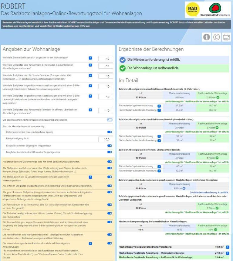 Radabstellanlagen-Bewertungstool ROBERT für Wohnanlagen in Vorarlberg, Ergebnisse und Eingabefelder.