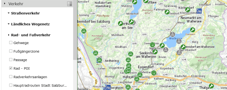 Karte mit POIs für Radverkehr in Salzburg und Umgebung, einschließlich Service-Stationen.