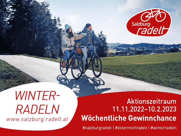 Zwei Radfahrerinnen auf einem Weg im Winter, Information zur Aktion "Winterradeln".