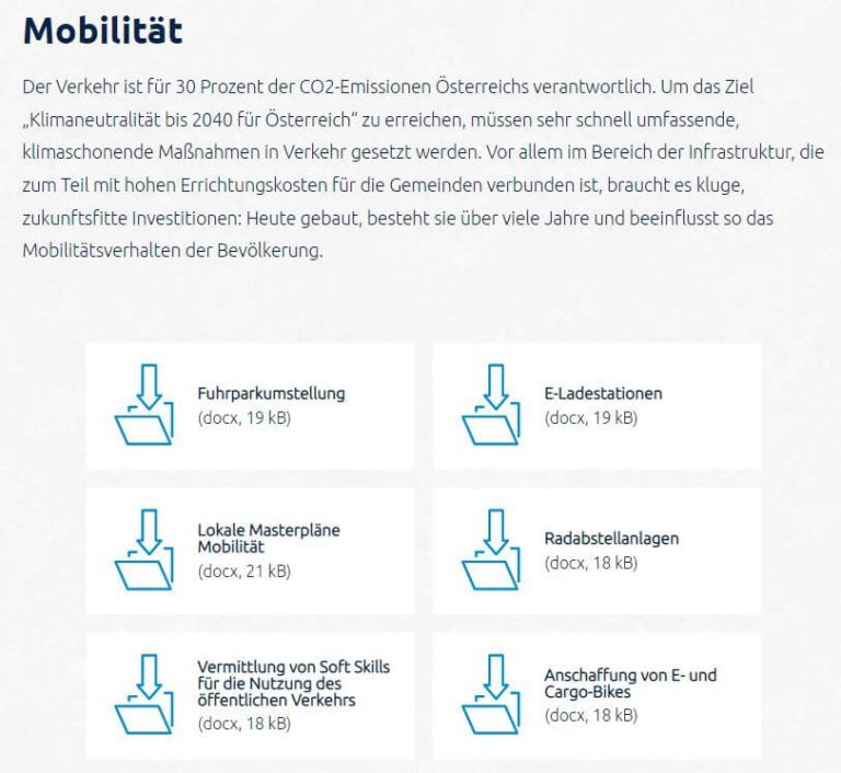 Downloads zu Mobilitätsmaßnahmen: Fuhrpark, E-Ladestationen, Radbasstellen, Cargobikes.